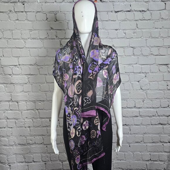 Louis Vuitton Paris Purple and Black Monogram Silk Chiffon Scarf - Distressed - Picture 1 of 9